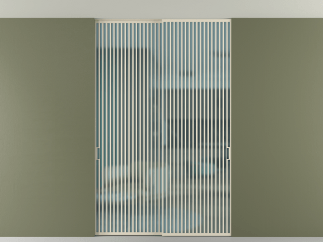 Перегородка Formato внутри проёма скрытое крепление в потолок 2 створки АЛПР 040.06 Алюминий бежево-серый Сатинированное голубое стекло, триплекс Цена 2676700 ₸ | Volhovec