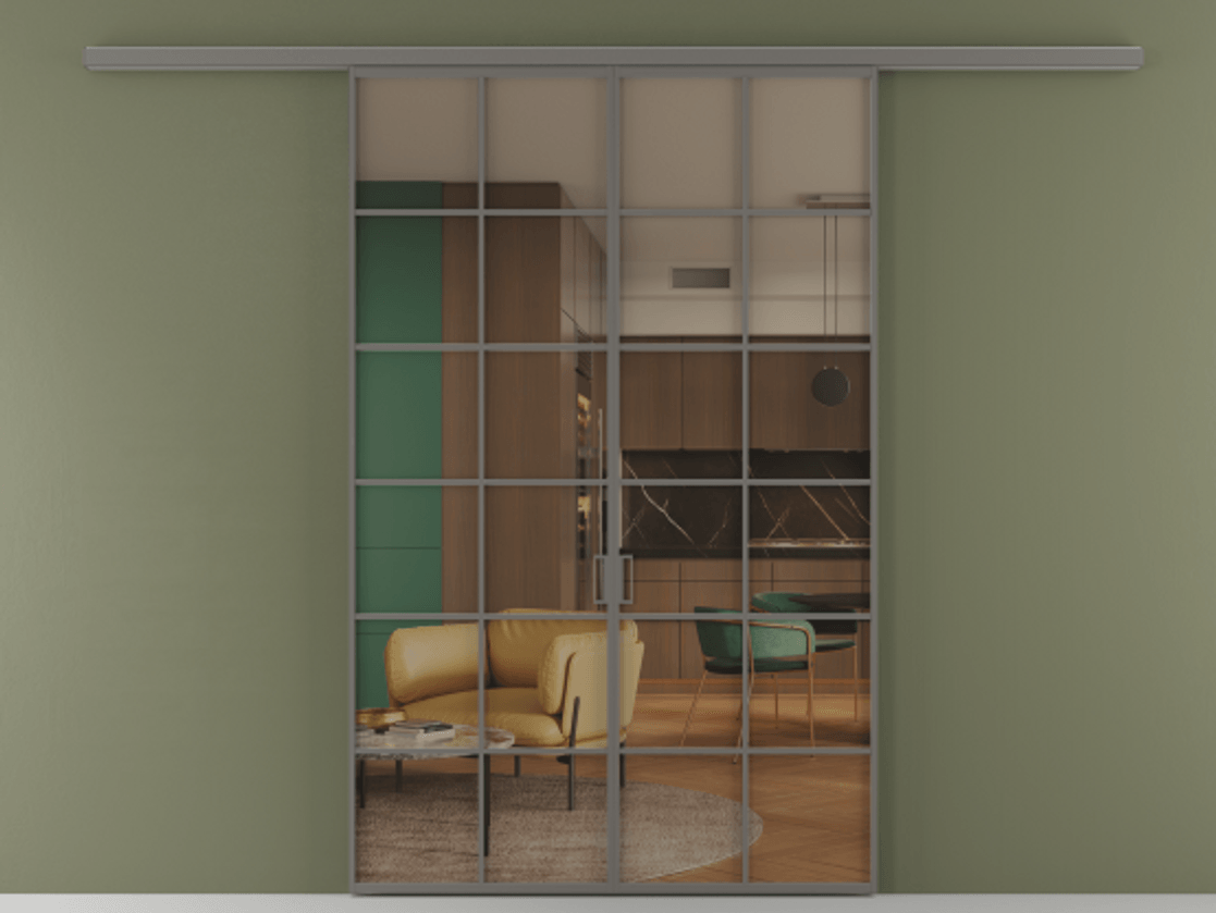 Перегородка Формато вдоль стены 2 створки АЛПР 040.05 Алюминий классический серый Прозрачное бронзовое стекло, триплекс Цена 1566054 ₸ | Volhovec