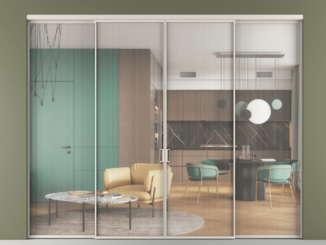 Перегородка Формато внутри проёма 4 створки АЛПР 040.01 Алюминий облачно-серый Рифлёное стекло "Мору", триплекс Цена 2494044 ₸  | Volhovec