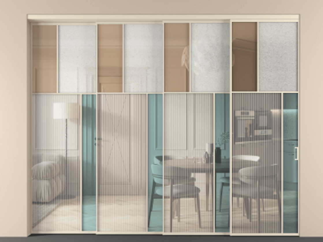 Перегородка Mosaic внутри проёма 4 створки с синхронным механизмом АЛПР 041.23 Алюминий бежево-серый Комбинация стекол Группы 1 и Группы 3 Цена 3815900 ₸ | Volhovec