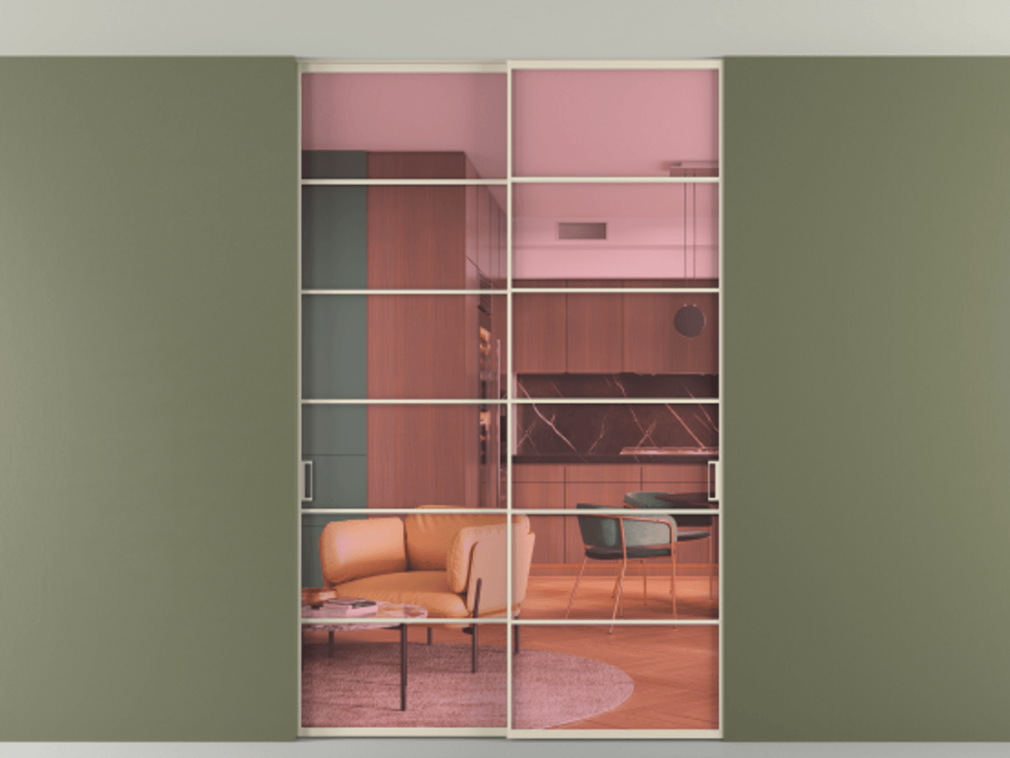 Перегородка Формато внутри проёма скрытое крепление в потолок 2 створки АЛПР 040.04 Алюминий бежево-серый Прозрачное розовое стекло, триплекс Цена 1973803 ₸ | Volhovec