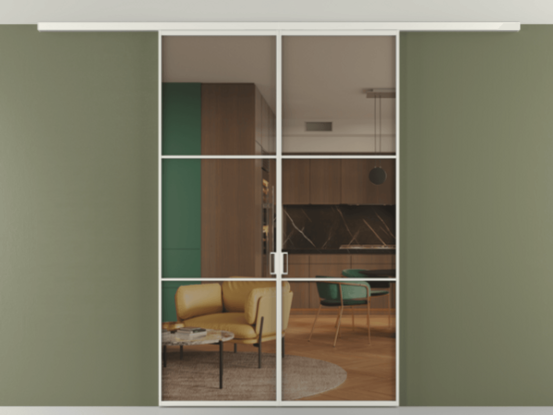 Перегородка Формато вдоль стены на потолок 2 створки АЛПР 040.03 Алюминий серый Прозрачное бронзовое стекло, триплекс Цена 1410809 ₸ | Volhovec