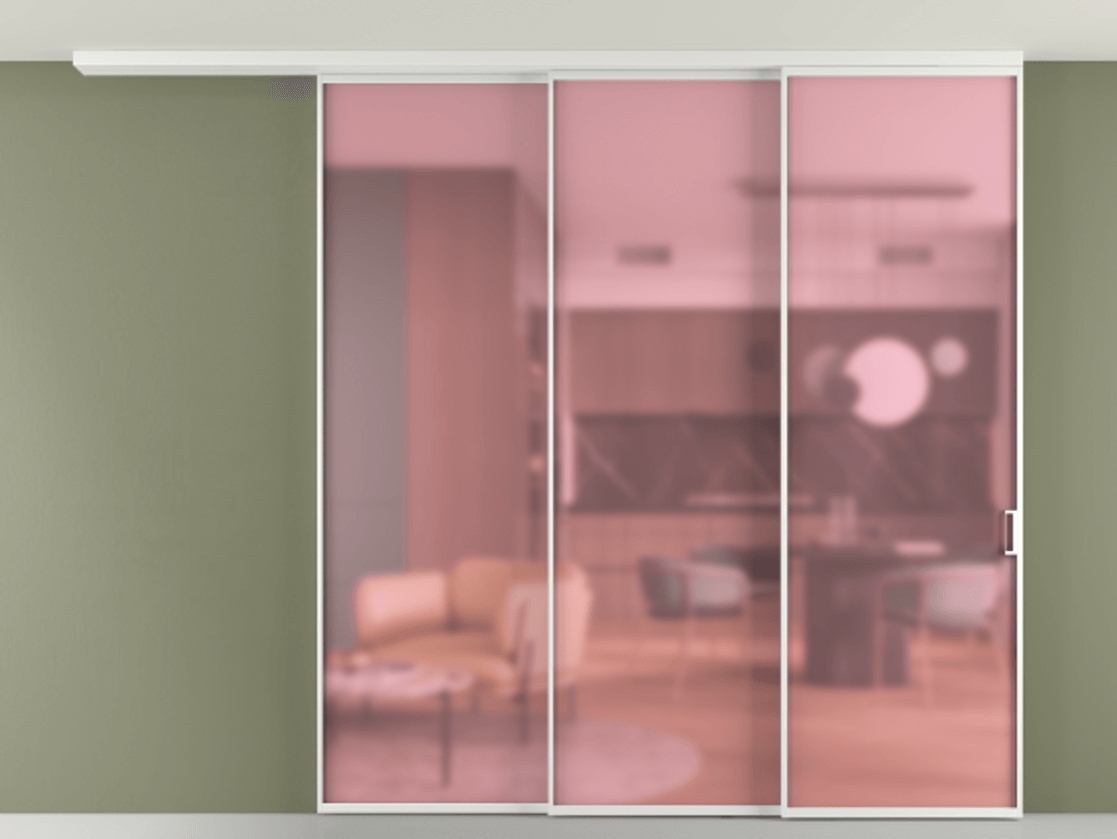 Перегородка Формато вдоль стены на потолок 3 створки с синхронным механизмом АЛПР 040.01 Алюминий белоснежный Сатинированное розовое стекло, триплекс Цена 2888736 ₸ | Volhovec