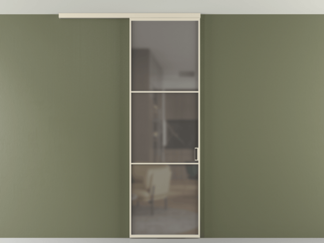 Перегородка Формато вдоль стены на потолок 1 створка АЛПР 040.03 Алюминий бежево-серый Сатинированное серое стекло, триплекс Цена 732246 ₸ | Volhovec