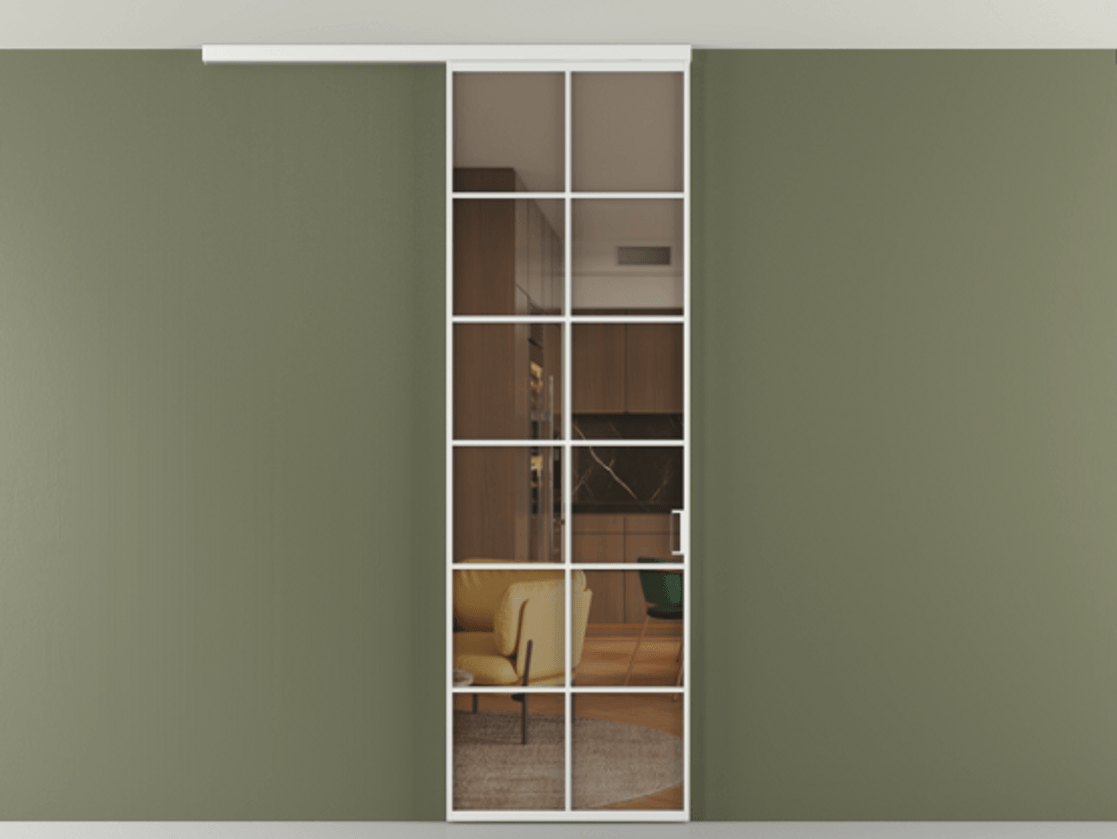 Перегородка Формато вдоль стены на потолок 1 створка АЛПР 040.05 Алюминий белоснежный Прозрачное бронзовое стекло, триплекс Цена 780895 ₸ | Volhovec