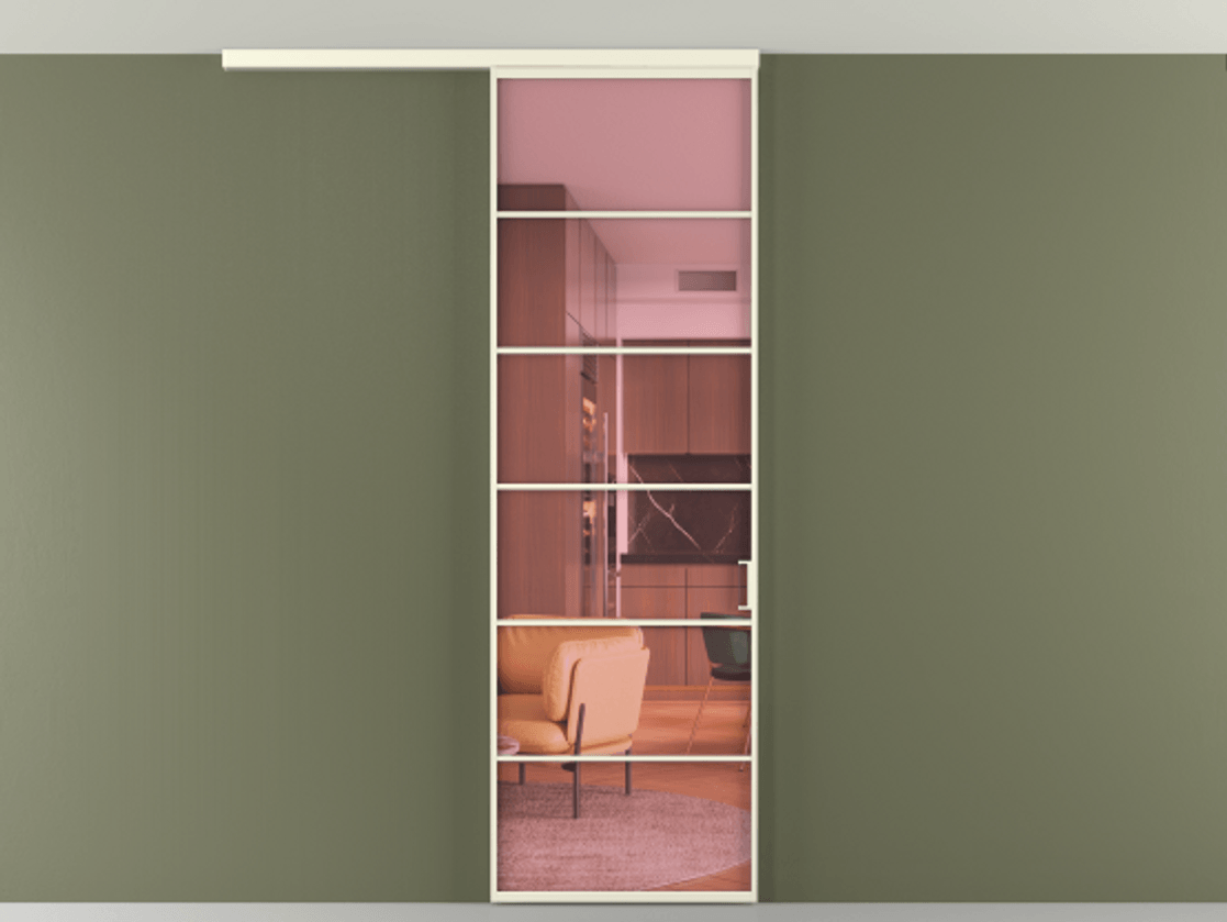 Перегородка Формато вдоль стены на потолок 1 створка АЛПР 040.04 Алюминий молочно-белый Прозрачное розовое стекло, триплекс Цена 780891 ₸ | Volhovec