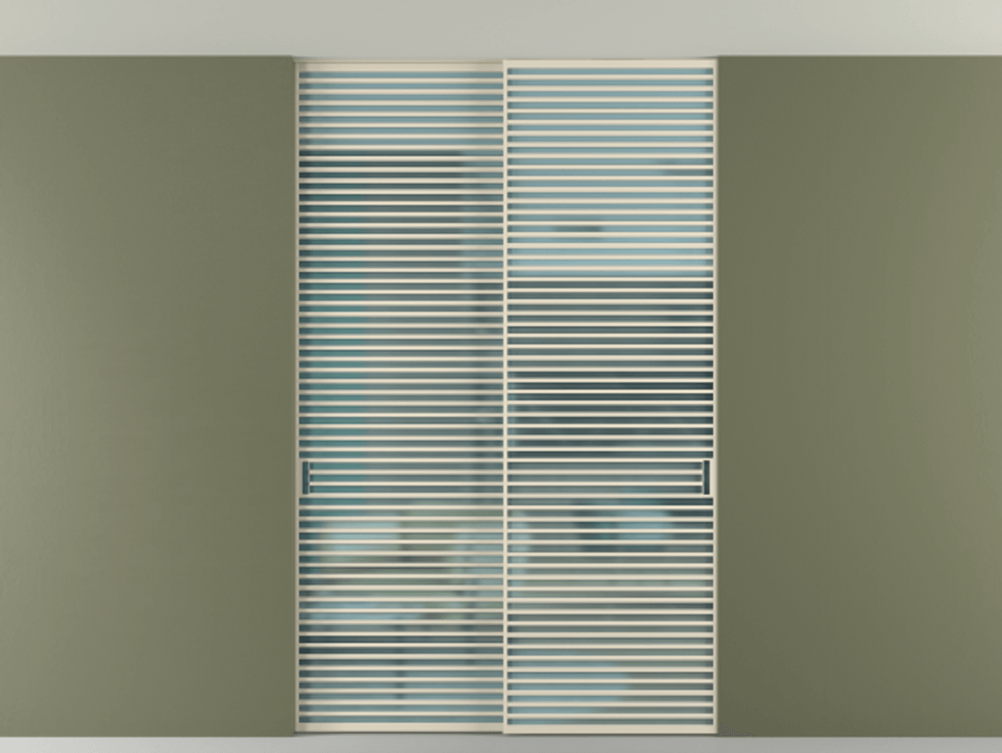 Перегородка Формато внутри проёма скрытое крепление в потолок 2 створки АЛПР 040.07 Алюминий бежево-серый Сатинированное голубое стекло, триплекс Цена 3098957 ₸ | Volhovec