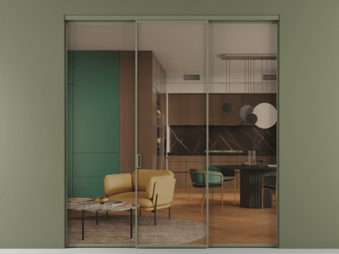 Перегородка Formato внутри проёма 3 створки АЛПР 040.01 Алюминий оливковый тёмный Прозрачное бронзовое стекло, триплекс Цена 1701945 ₸ | Volhovec