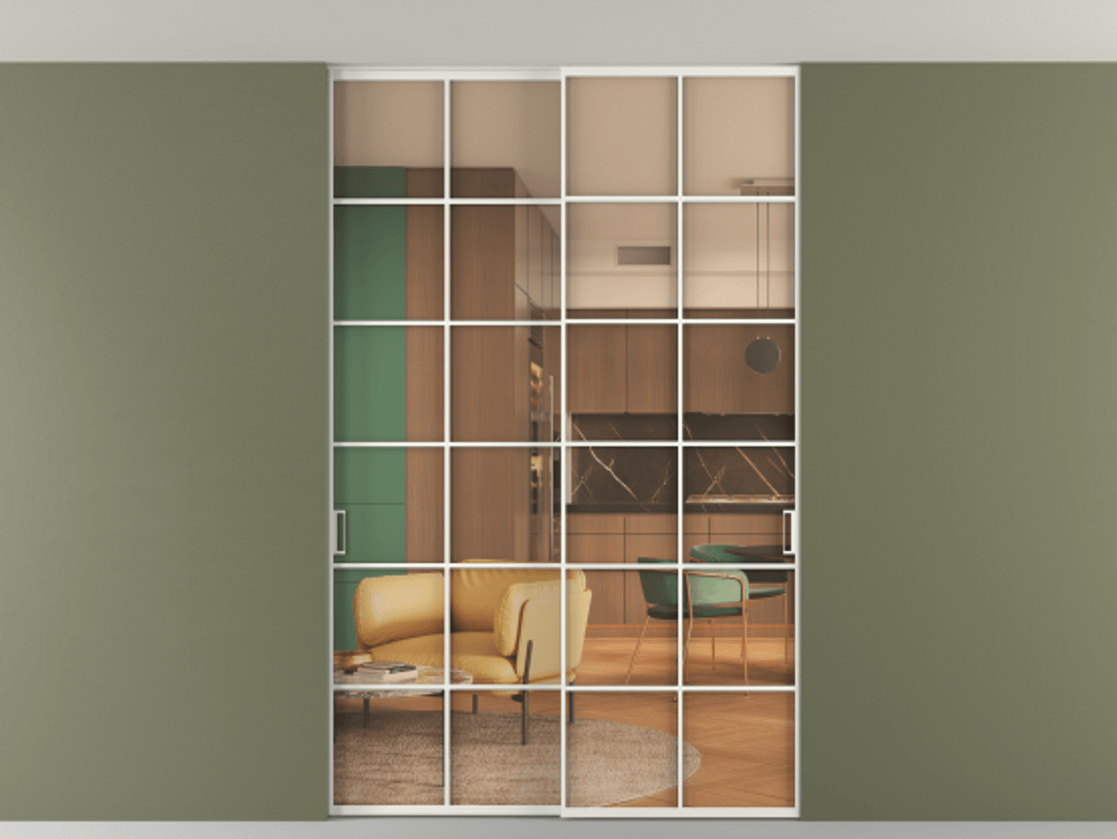 Перегородка Формато внутри проёма скрытое крепление в потолок 2 створки АЛПР 040.05 Алюминий светло-серый Прозрачное оранжевое стекло, триплекс Цена 1973803 ₸ | Volhovec