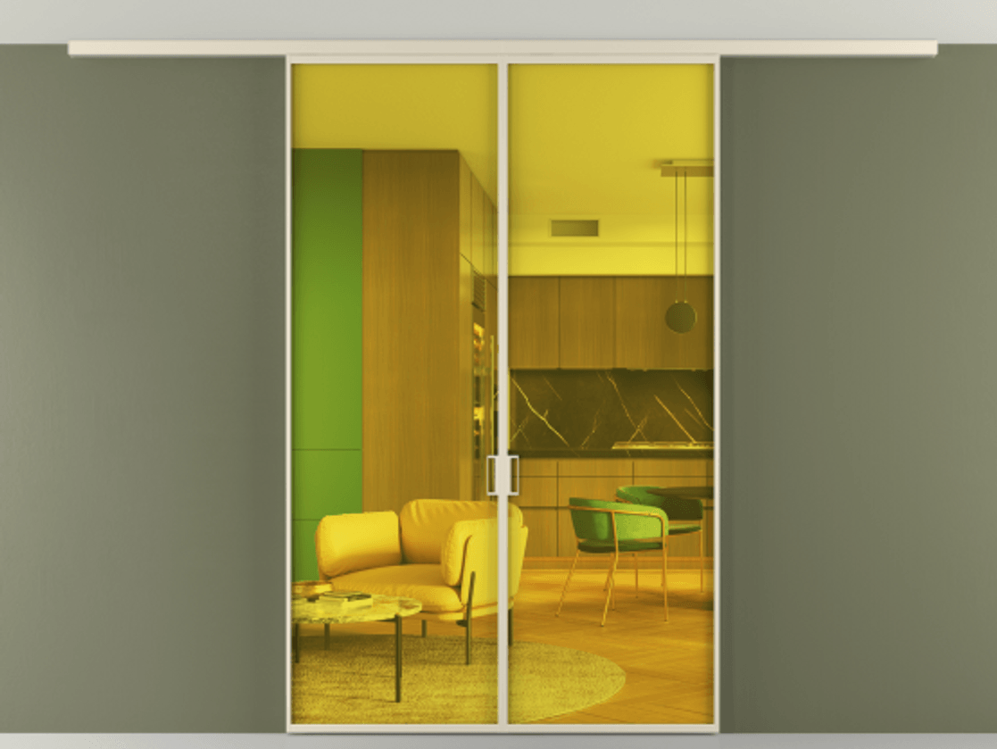 Перегородка Формато вдоль стены на потолок 2 створки АЛПР 040.01 Алюминий бежево-серый Прозрачное жёлтое стекло, триплекс Цена 1343450 ₸ | Volhovec