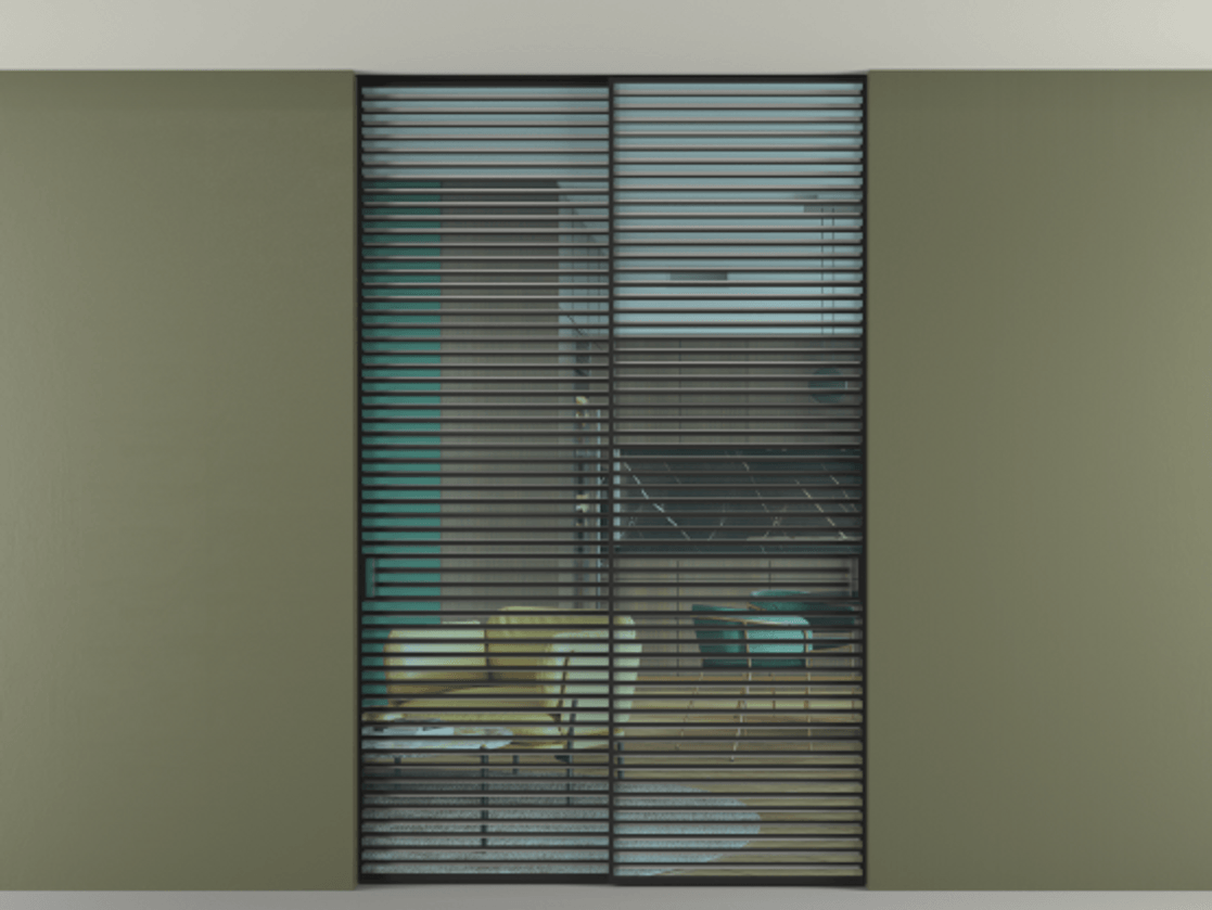 Перегородка Formato внутри проёма скрытое крепление в потолок 2 створки АЛПР 040.07 Алюминий Черный Прозрачное голубое стекло, триплекс Цена 2995423 ₸ | Volhovec