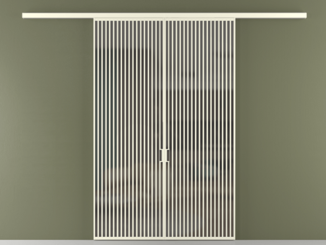 Перегородка Формато вдоль стены 2 створки АЛПР 040.06 Алюминий молочно-белый Сатинированное серое стекло, триплекс Цена 2588922 ₸ | Volhovec