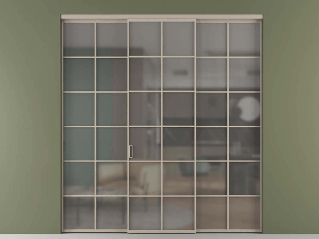 Перегородка Формато внутри проёма 3 створки АЛПР 040.05 Алюминий бисквитный Сатинированное серое стекло, триплекс Цена 1926477 ₸ | Volhovec