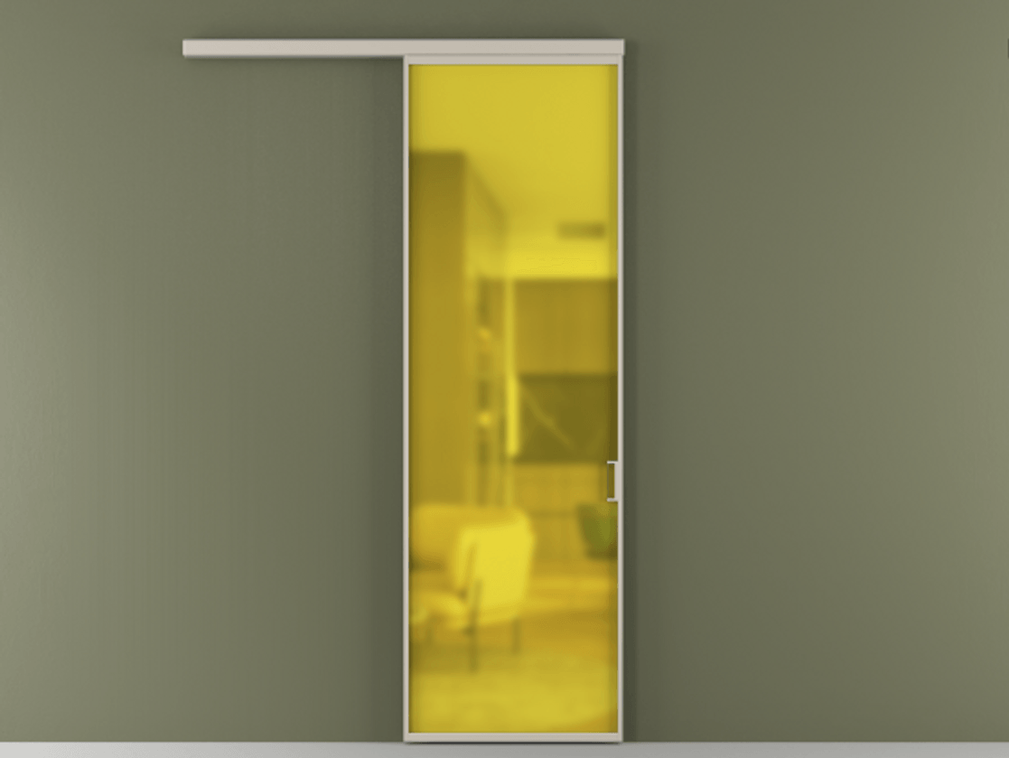 Перегородка Formato вдоль стены 1 створка АЛПР 040.01 Алюминий светло-бежевый Сатинированное жёлтое стекло, триплекс Цена 635000 ₸  | Volhovec