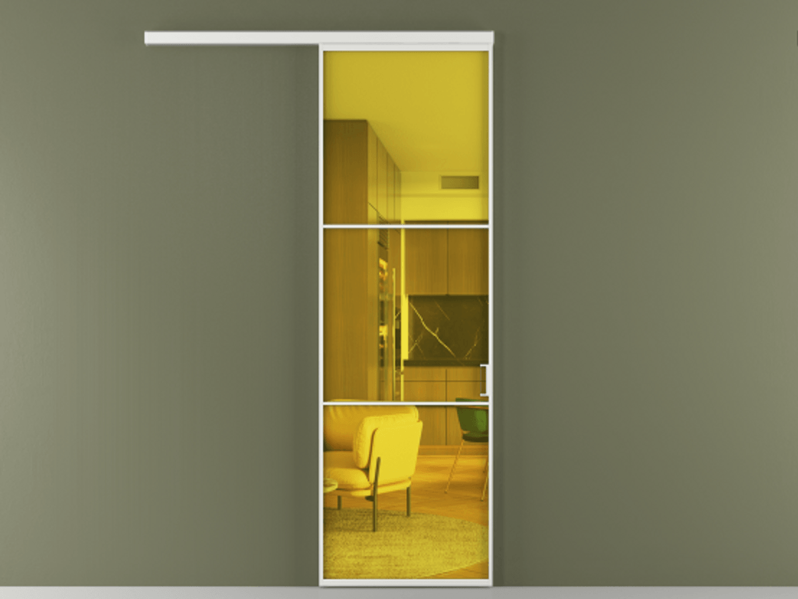 Перегородка Формато вдоль стены 1 створка АЛПР 040.03 Алюминий белоснежный Прозрачное жёлтое стекло, триплекс Цена 801965 ₸  | Volhovec