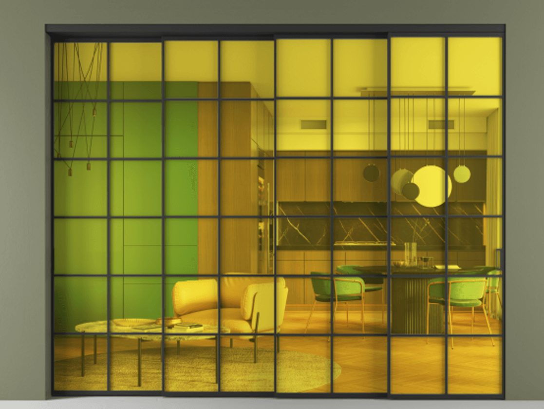 Перегородка Formato внутри проёма 4 створки с синхронным механизмом АЛПР 040.05 Алюминий Черный Прозрачное жёлтое стекло, триплекс Цена 2906500 ₸ | Volhovec