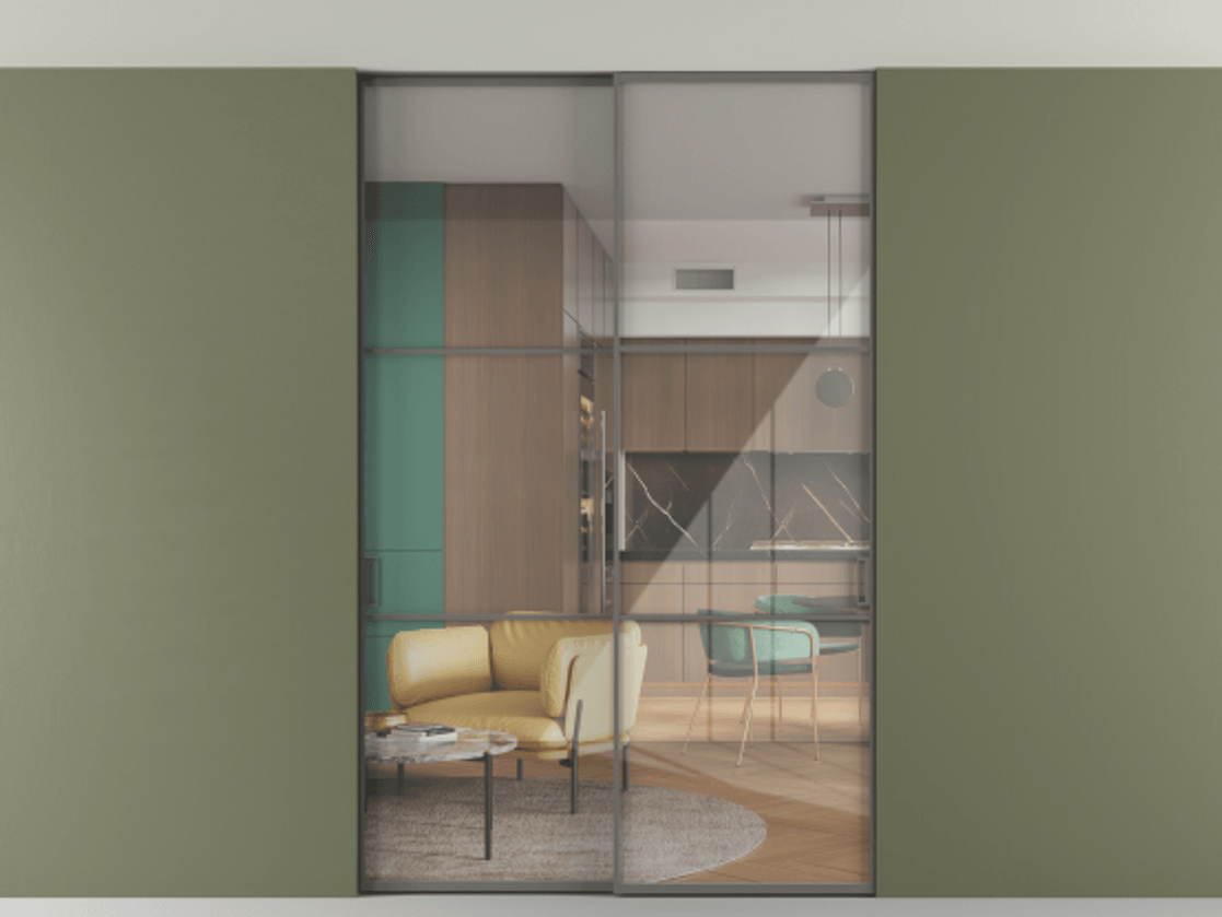 Перегородка Формато внутри проёма скрытое крепление в потолок 2 створки АЛПР 040.03 Алюминий классический серый Рефлективное прозрачное стекло "Стопсол", калёное Цена 2309731 ₸ | Volhovec