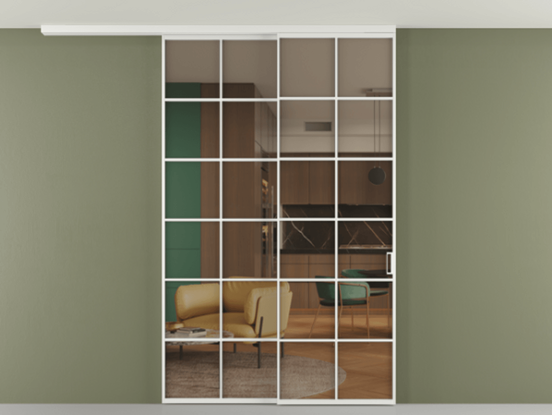 Перегородка Формато вдоль стены на потолок 2 створки с синхронным механизмом АЛПР 040.05 Алюминий белоснежный Прозрачное бронзовое стекло, триплекс Цена 2205282 ₸ | Volhovec