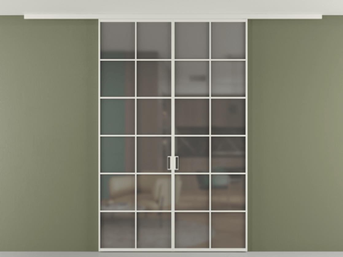 Перегородка Формато вдоль стены на потолок 2 створки АЛПР 040.05 Алюминий Белый Сатинированное серое стекло, триплекс Цена 1515508 ₸ | Volhovec