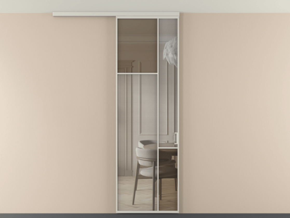 Перегородка Mosaic вдоль стены на потолок 1 створка АЛПР 041.10 Алюминий тёплый серый Декоративное стекло с сеткой "Mesh silver", триплекс, 6 мм + Прозрачное бронзовое стекло, триплекс Цена 880090 ₸ | Volhovec