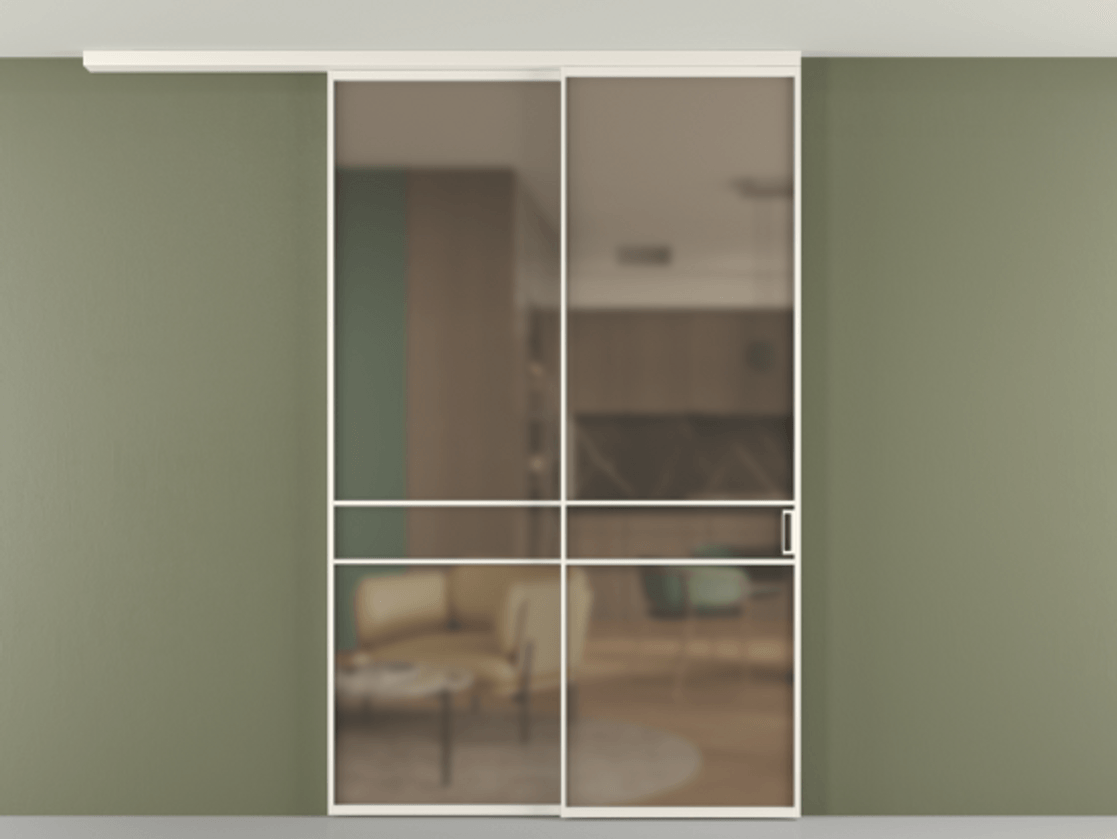 Перегородка Формато вдоль стены на потолок 2 створки с синхронным механизмом АЛПР 040.02 Алюминий пудровый белый Сатинированное бронзовое стекло, триплекс Цена 2351311 ₸ | Volhovec