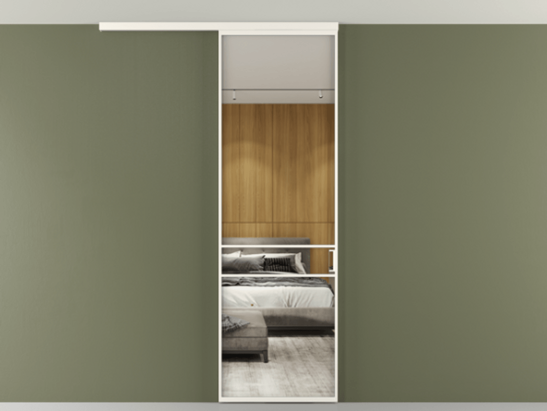 Перегородка Формато вдоль стены на потолок 1 створка АЛПР 040.02 Алюминий пудровый белый Двустороннее зеркало, триплекс , триплекс 6 мм Цена 732246 ₸ | Volhovec