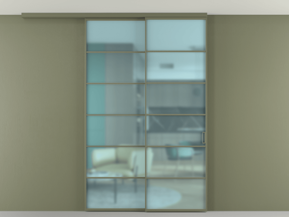 Перегородка Formato вдоль стены на потолок 2 створки с синхронным механизмом АЛПР 040.04 Алюминий оливковый тёмный Сатинированное голубое стекло, триплекс Цена 1820200 ₸ | Volhovec