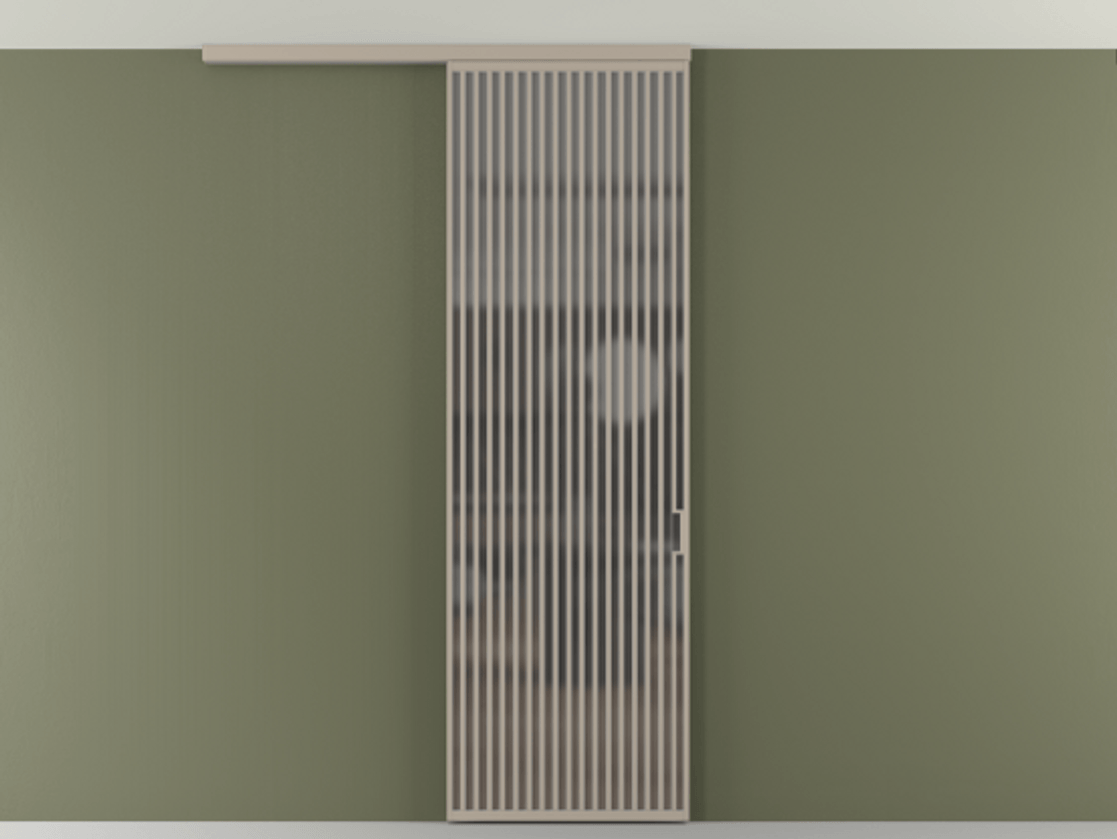 Перегородка Формато вдоль стены на потолок 1 створка АЛПР 040.06 Алюминий бисквитный Сатинированное серое стекло, триплекс Цена 1415444 ₸ | Volhovec