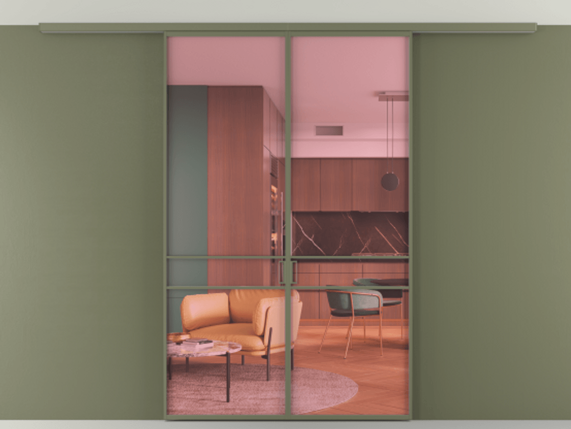 Перегородка Formato вдоль стены на потолок 2 створки АЛПР 040.02 Алюминий оливковый тёмный Прозрачное розовое стекло, триплекс Цена 1216000 ₸ | Volhovec