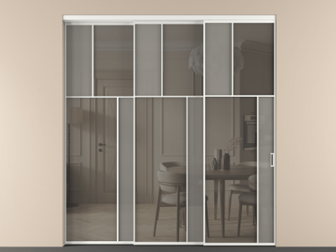 Перегородка Мозаик внутри проёма 3 створки с синхронным механизмом АЛПР 041.23 Алюминий белоснежный Сатинированное серое стекло, триплекс, 6 мм + Прозрачное серое стекло, триплекс Цена 3306668 ₸ | Volhovec