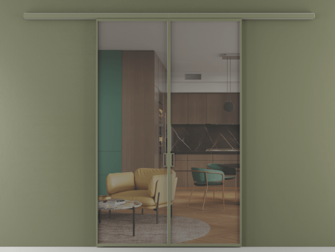 Перегородка Formato вдоль стены 2 створки АЛПР 040.01 Алюминий оливковый тёмный Прозрачное серое стекло, триплекс Цена 1679832 ₸ | Volhovec