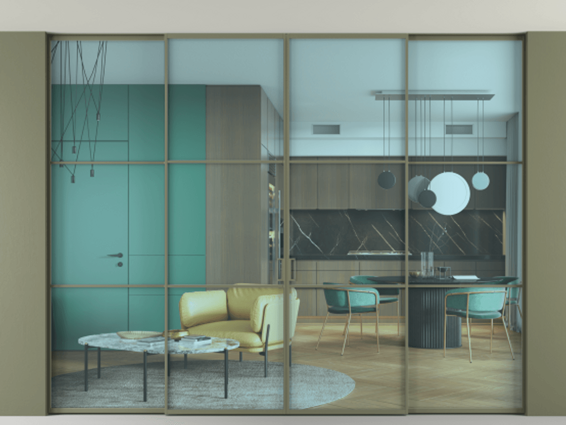 Перегородка Формато внутри проёма скрытое крепление в потолок 4 створки АЛПР 040.03 Алюминий оливковый тёмный Прозрачное голубое стекло, триплекс Цена 3455313 ₸ | Volhovec