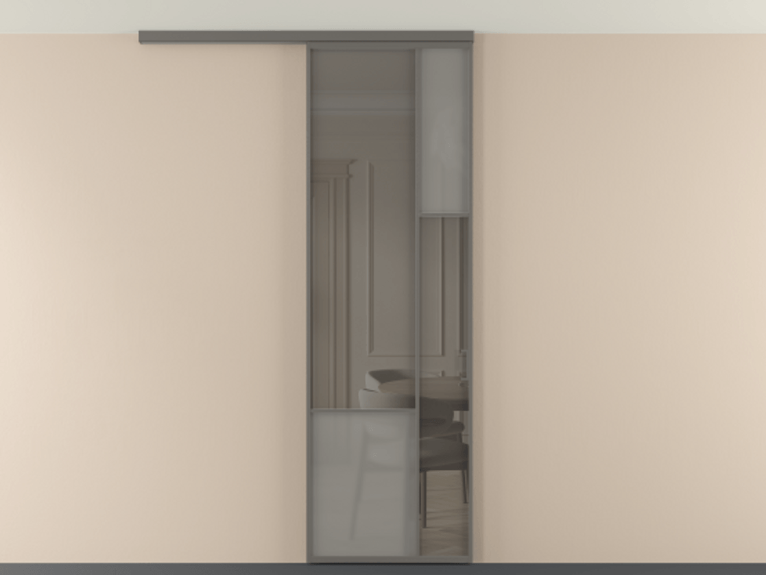 Перегородка Мозаик вдоль стены на потолок 1 створка АЛПР 041.12 Алюминий классический серый Сатинированное серое стекло, триплекс, 6 мм + Прозрачное серое стекло, триплекс Цена 1020902 ₸ | Volhovec