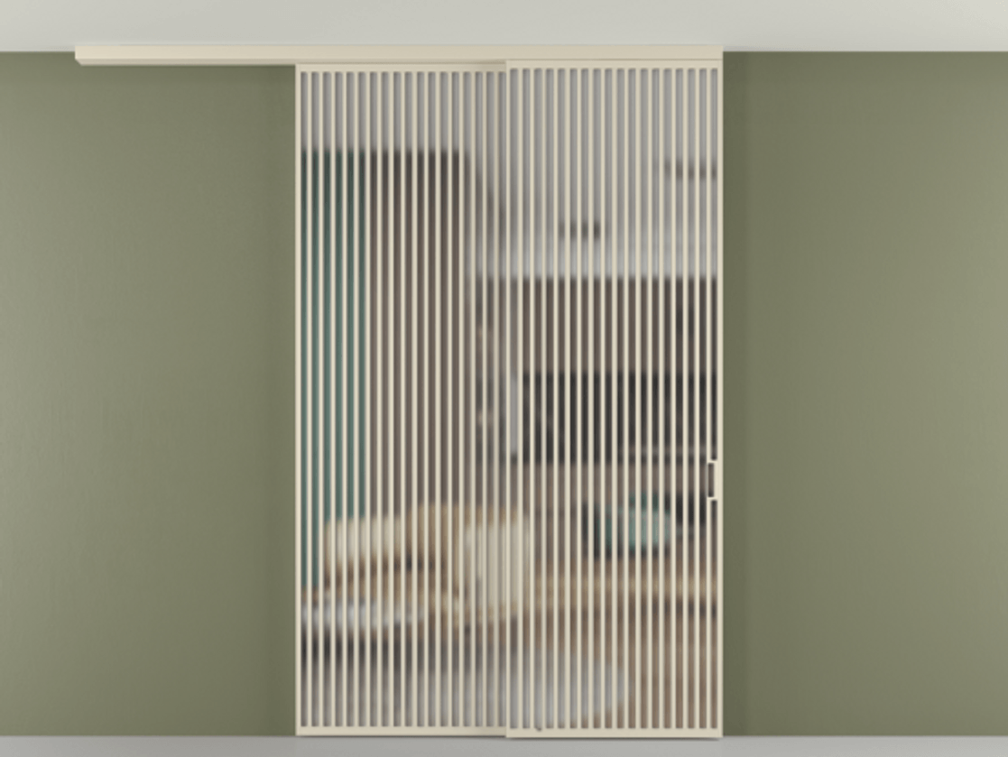 Перегородка Формато вдоль стены на потолок 2 створки с синхронным механизмом АЛПР 040.06 Алюминий бежево-серый Сатинированное стекло "Мателюкс Кристал Вижн", калёное, матовое, каленое 6 мм Цена 4102207 ₸ | Volhovec