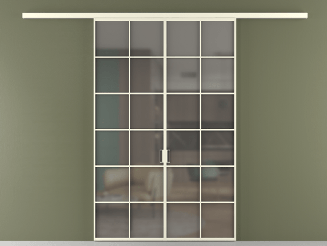 Перегородка Формато вдоль стены 2 створки АЛПР 040.05 Алюминий молочно-белый Сатинированное серое стекло, триплекс Цена 1566054 ₸ | Volhovec