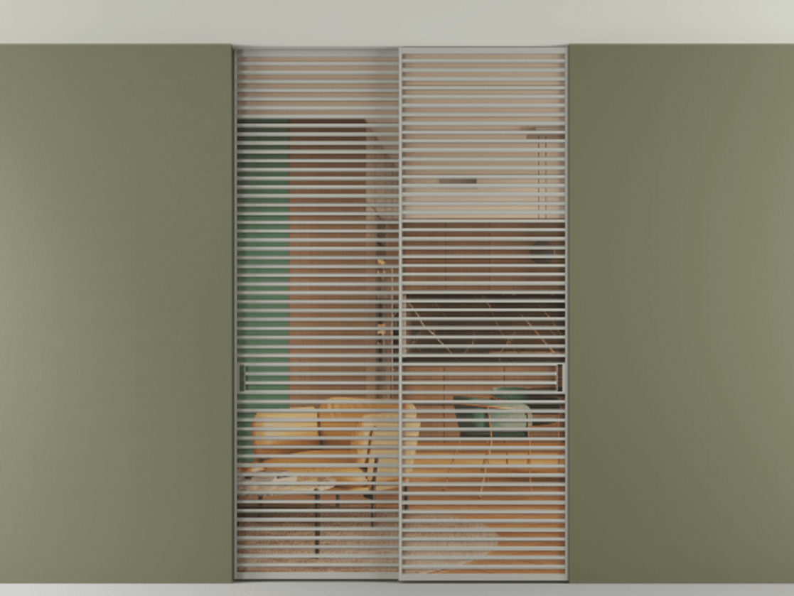 Перегородка Formato внутри проёма скрытое крепление в потолок 2 створки АЛПР 040.07 Алюминий нейтральный серый Прозрачное оранжевое стекло, триплекс Цена 3098957 ₸ | Volhovec