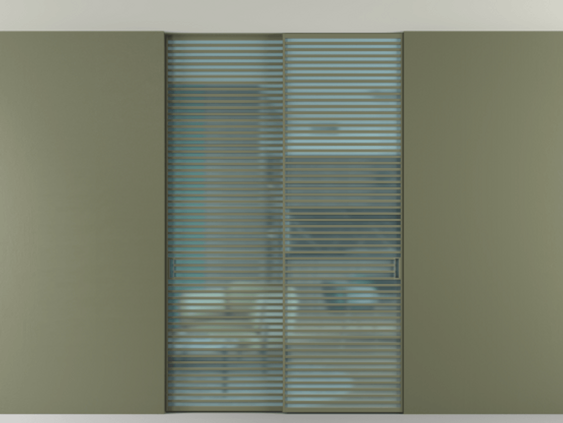 Перегородка Formato внутри проёма скрытое крепление в потолок 2 створки АЛПР 040.07 Алюминий оливковый тёмный Сатинированное голубое стекло, триплекс Цена 2676700 ₸ | Volhovec