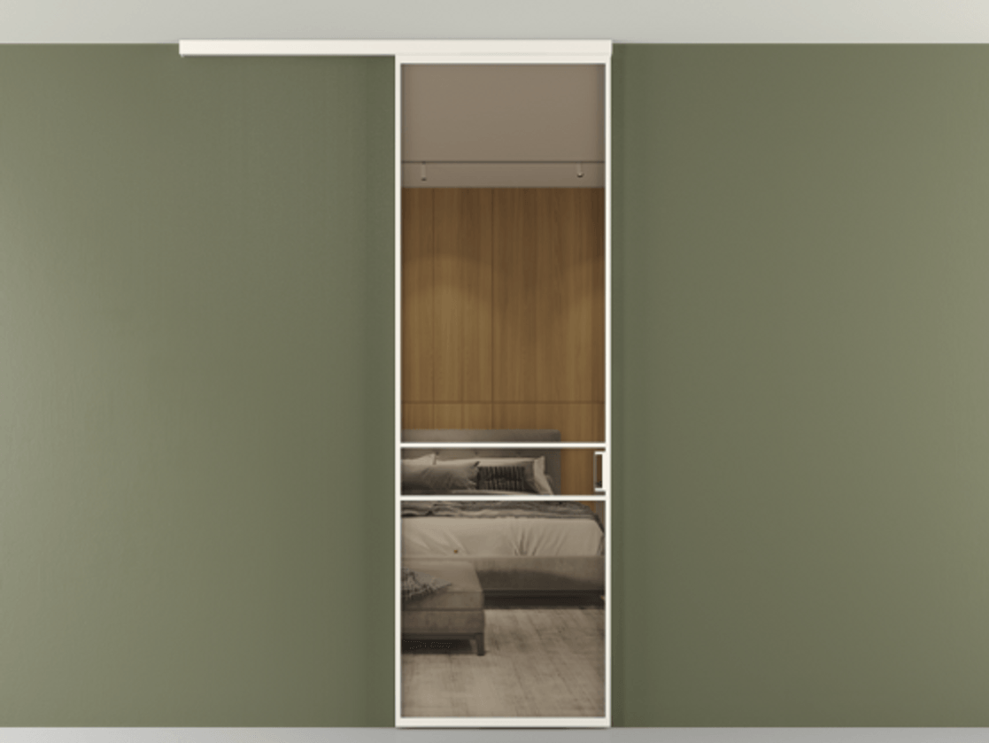 Перегородка Formato вдоль стены на потолок 1 створка АЛПР 040.02 Алюминий пудровый белый Рефлективное бронзовое стекло "Стопсол", калёное Цена 948856 ₸ | Volhovec