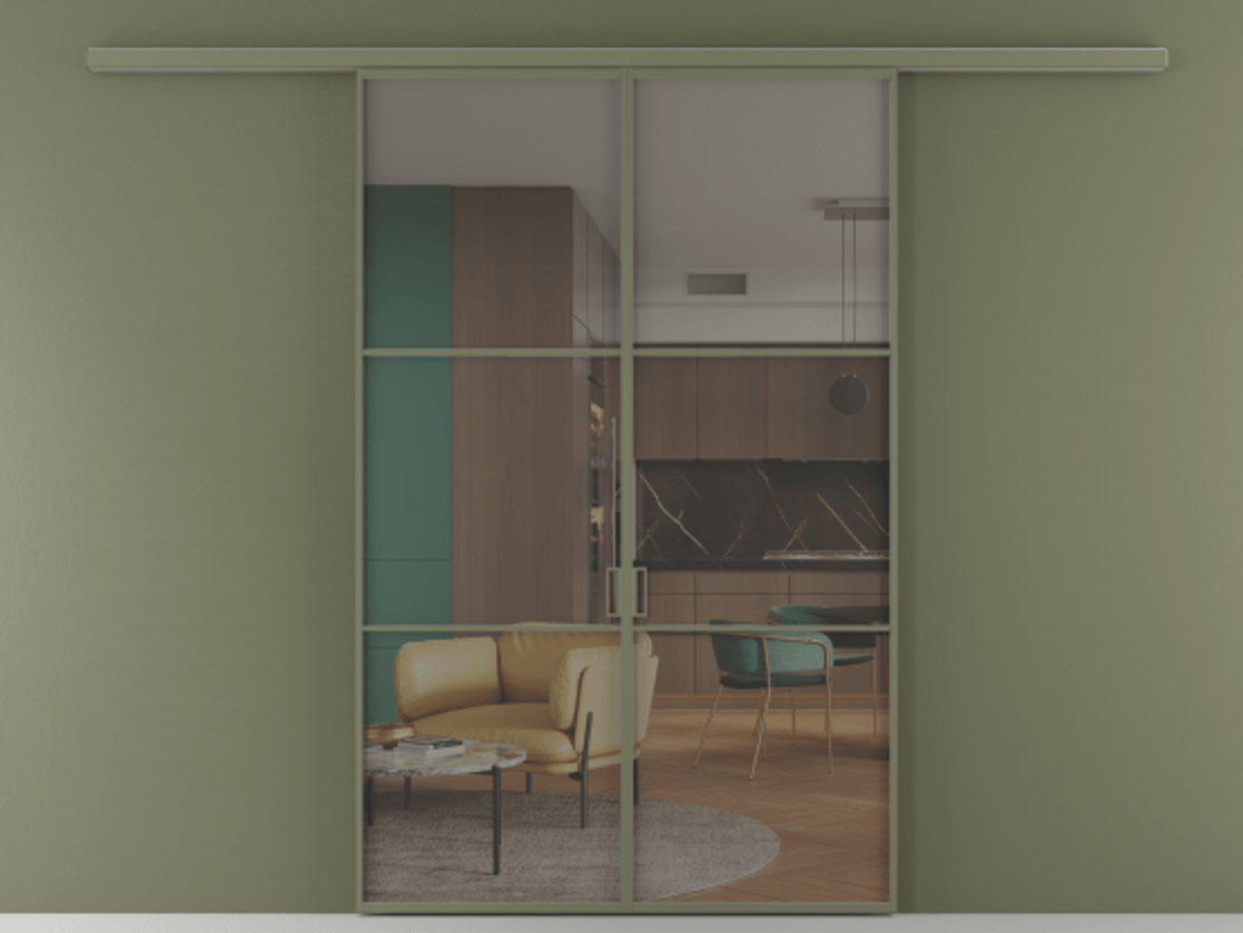 Перегородка Формато вдоль стены 2 створки АЛПР 040.03 Алюминий оливковый тёмный Прозрачное серое стекло, триплекс Цена 1477602 ₸ | Volhovec