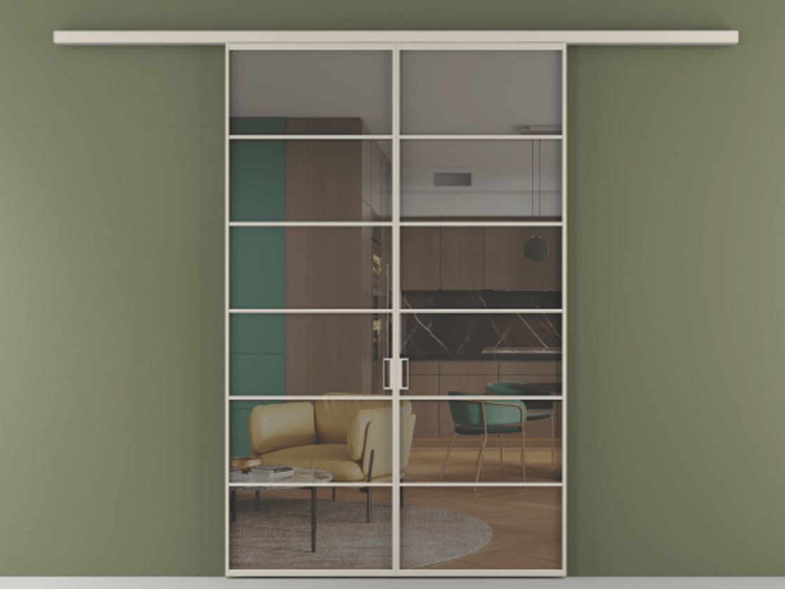 Перегородка Формато вдоль стены 2 створки АЛПР 040.04 Алюминий светло-бежевый Прозрачное серое стекло, триплекс Цена 1566054 ₸ | Volhovec