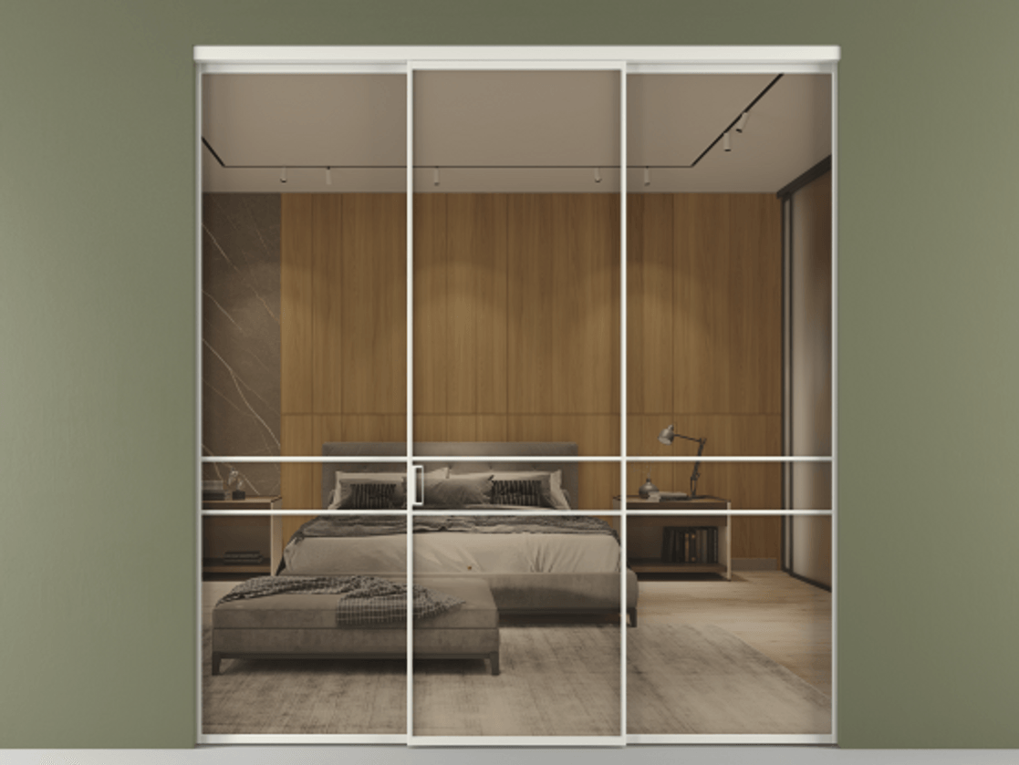 Перегородка Формато внутри проёма 3 створки АЛПР 040.02 Алюминий серый Рефлективное бронзовое стекло "Стопсол", калёное Цена 2401056 ₸ | Volhovec