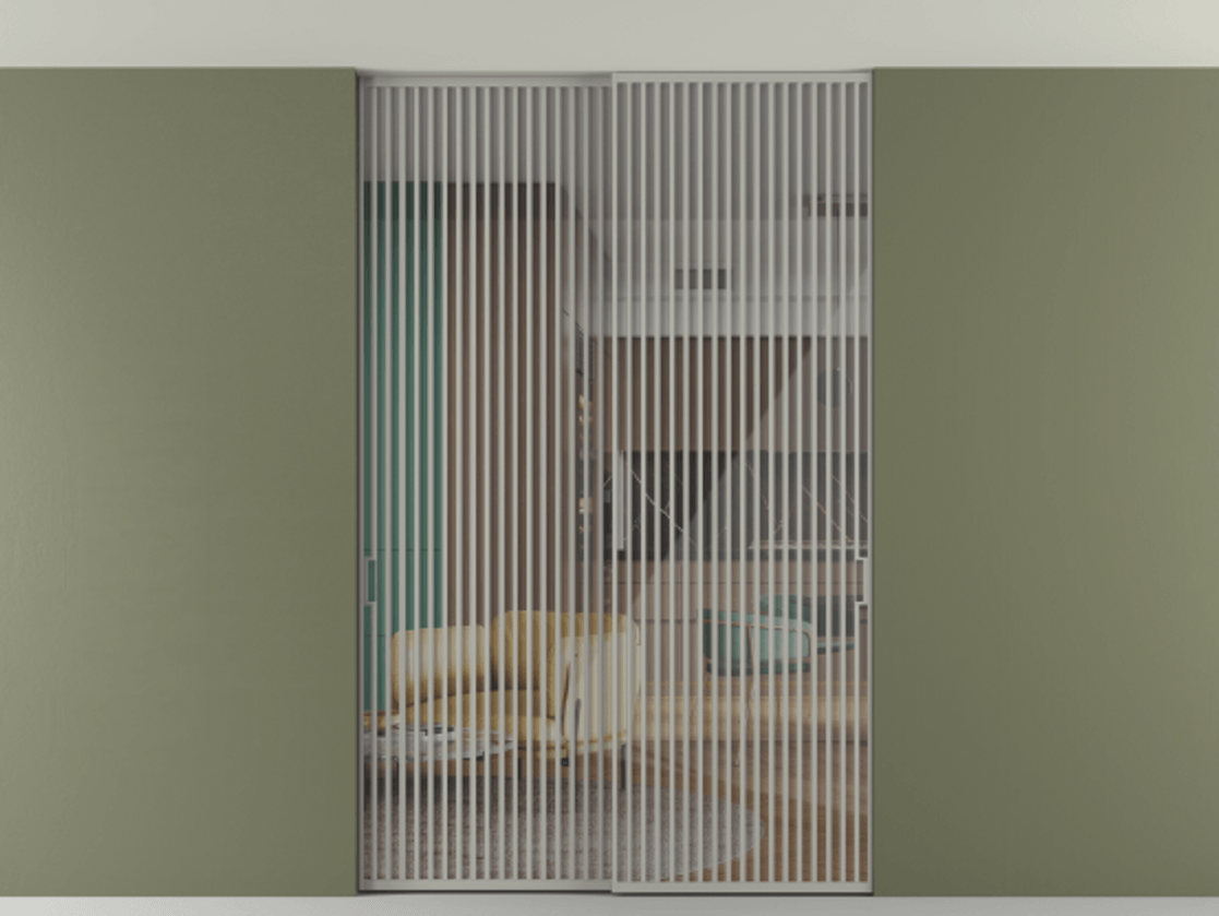 Перегородка Формато внутри проёма скрытое крепление в потолок 2 створки АЛПР 040.06 Алюминий нейтральный серый Рефлективное прозрачное стекло "Стопсол", калёное Цена 3939667 ₸ | Volhovec