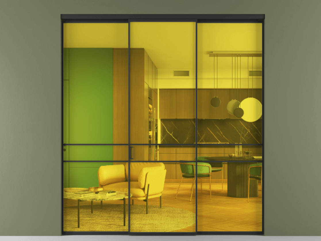 Перегородка Formato внутри проёма 3 створки АЛПР 040.02 Алюминий Черный Прозрачное жёлтое стекло, триплекс Цена 1723491 ₸ | Volhovec