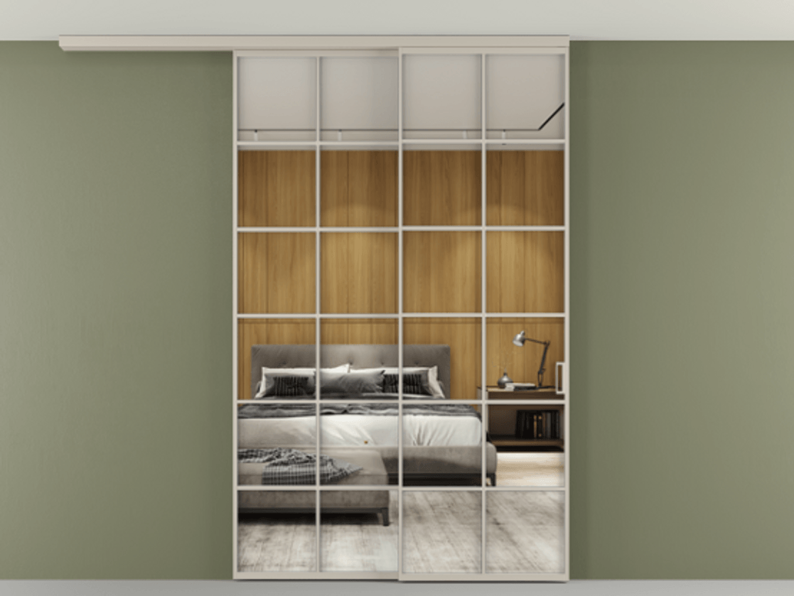 Перегородка Формато вдоль стены на потолок 2 створки с синхронным механизмом АЛПР 040.05 Алюминий светло-бежевый Двустороннее зеркало, триплекс , триплекс 6 мм Цена 2205282 ₸ | Volhovec