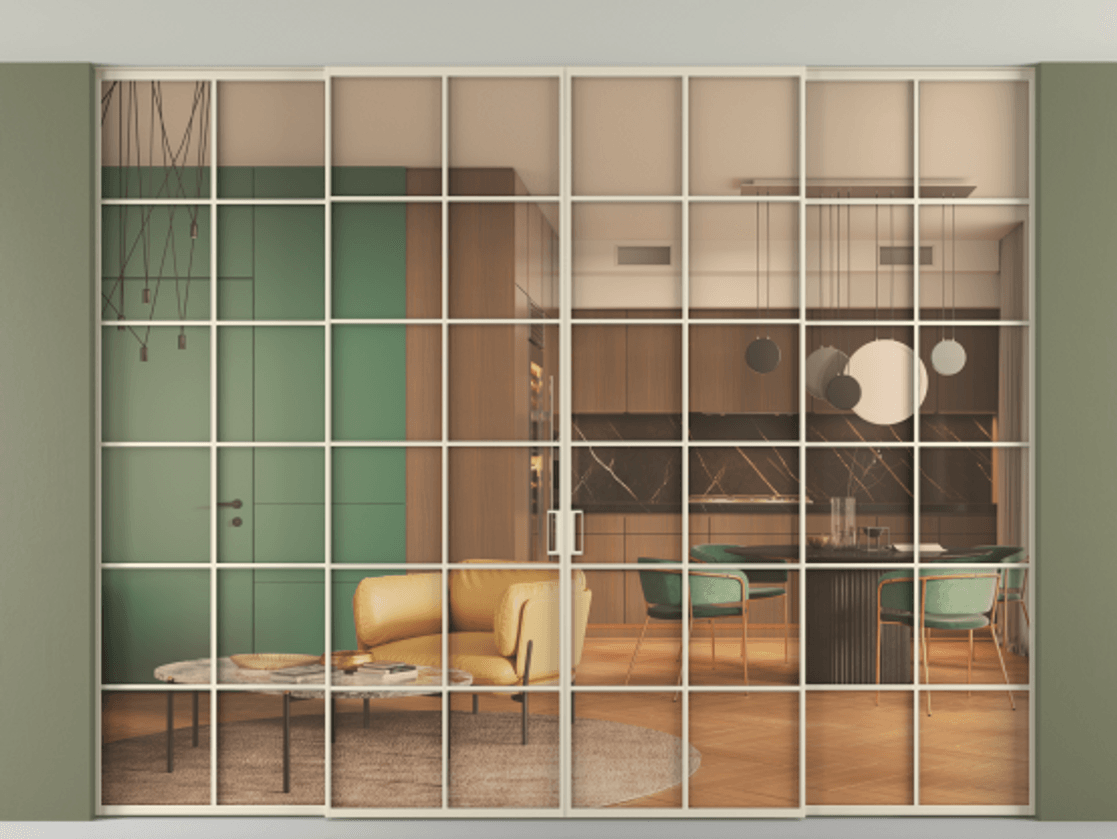 Перегородка Formato внутри проёма скрытое крепление в потолок 4 створки АЛПР 040.05 Алюминий бежево-серый Прозрачное оранжевое стекло, триплекс Цена 3023300 ₸ | Volhovec