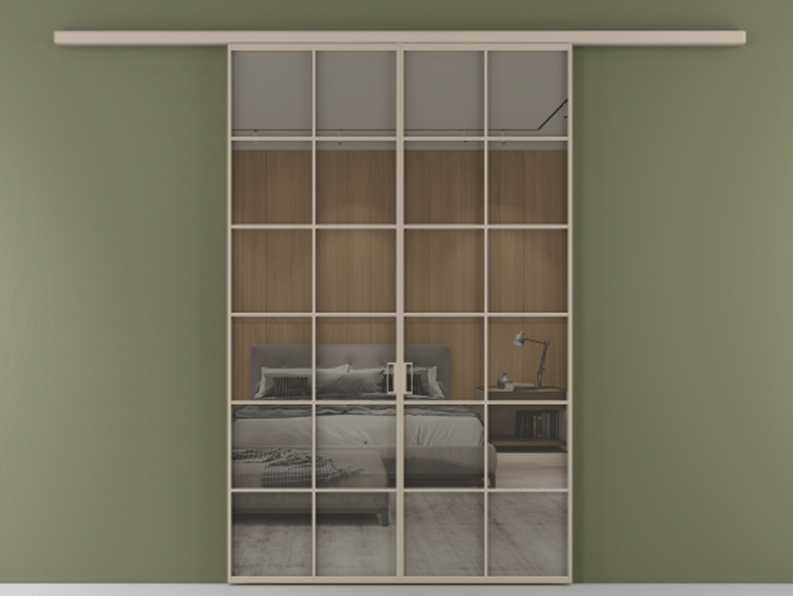 Перегородка Формато вдоль стены 2 створки АЛПР 040.05 Алюминий бисквитный Рефлективное серое стекло "Стопсол", калёное Цена 2000376 ₸ | Volhovec