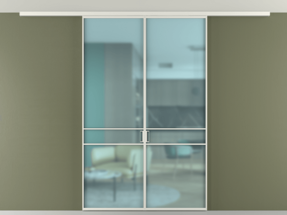 Перегородка Формато вдоль стены на потолок 2 створки АЛПР 040.02 Алюминий серый Сатинированное голубое стекло, триплекс Цена 1410809 ₸ | Volhovec