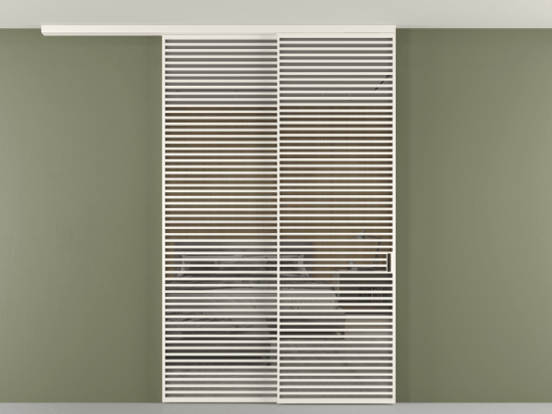 Перегородка Формато вдоль стены на потолок 2 створки с синхронным механизмом АЛПР 040.07 Алюминий пудровый белый Рефлективное серое стекло "Стопсол", калёное Цена 4102207 ₸ | Volhovec