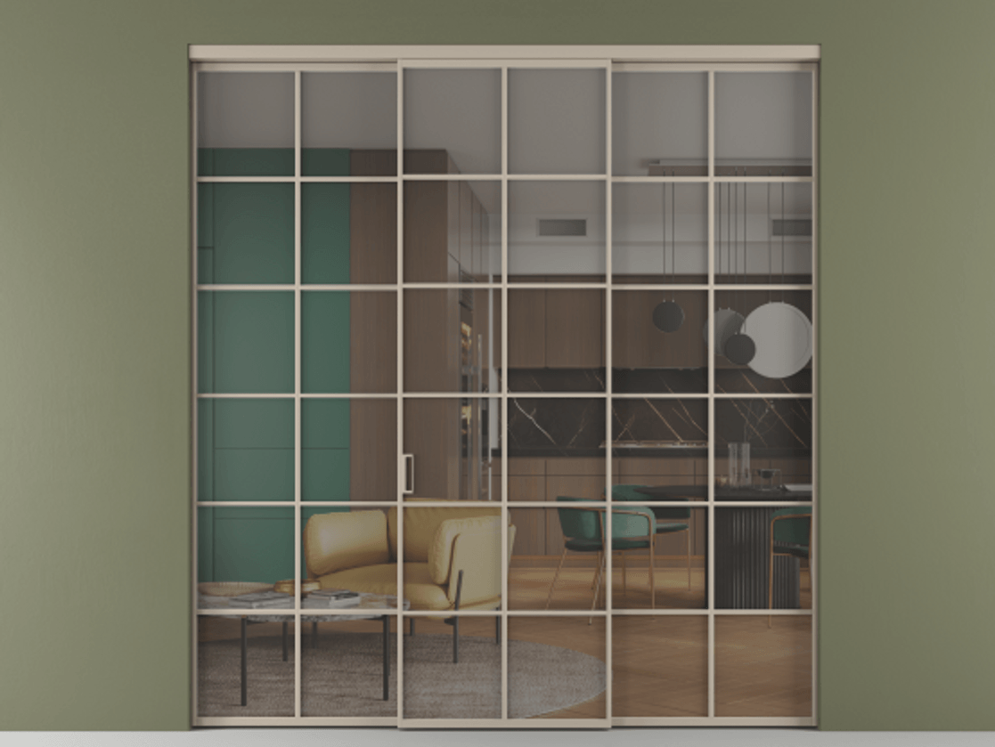 Перегородка Formato внутри проёма 3 створки АЛПР 040.05 Алюминий бисквитный Прозрачное серое стекло, триплекс Цена 1667700 ₸ | Volhovec