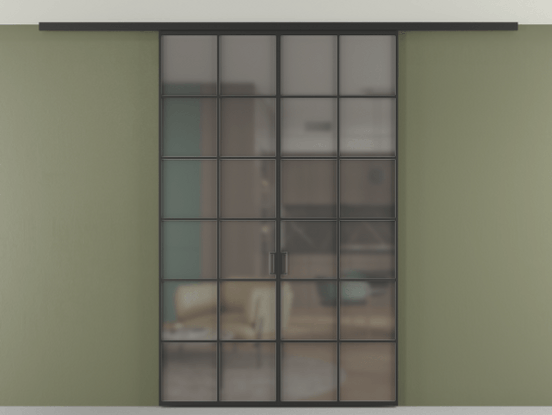 Перегородка Формато вдоль стены на потолок 2 створки АЛПР 040.05 Алюминий Черный Сатинированное серое стекло, триплекс Цена 1515508 ₸ | Volhovec